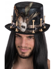 Velvet top hat with bones, skull and feather, high cm.13, ideal