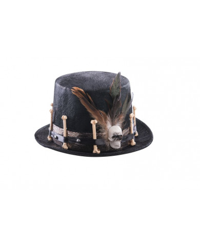 Velvet top hat with bones, skull and feather, high cm.13, ideal