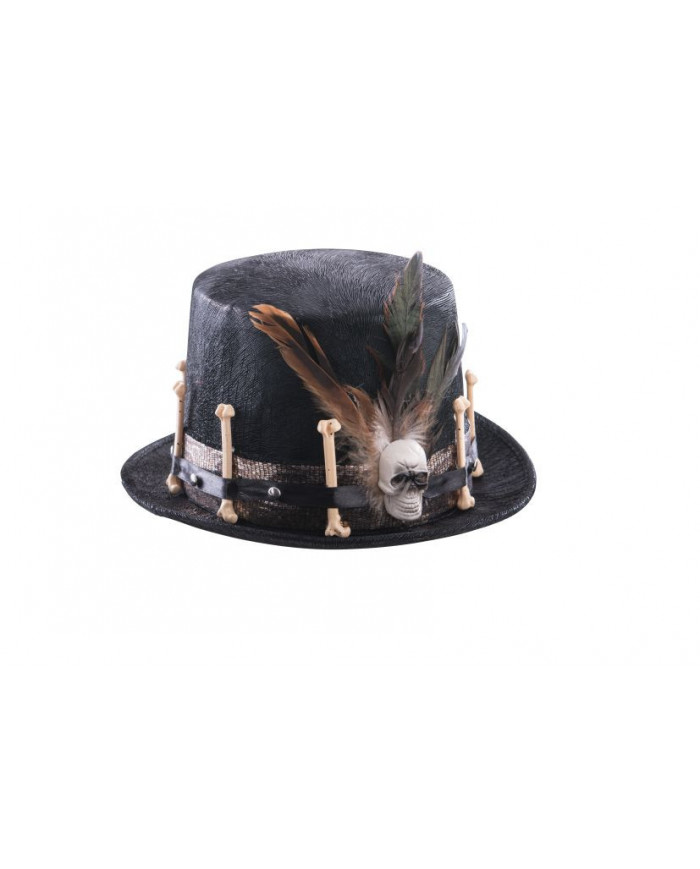 Velvet top hat with bones, skull and feather, high cm.13, ideal