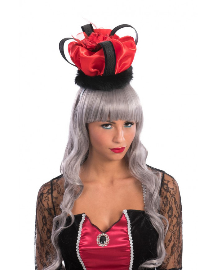Red satin and fur crown that is comfortably worn thanks to the
