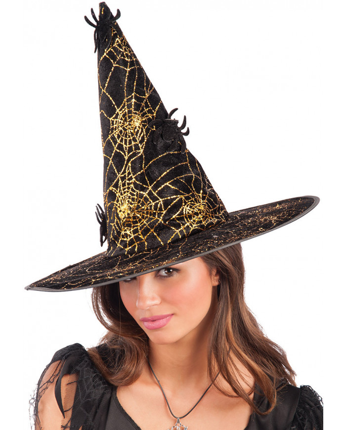 Velvet Witch Hat W/Golden Spiderwebs 