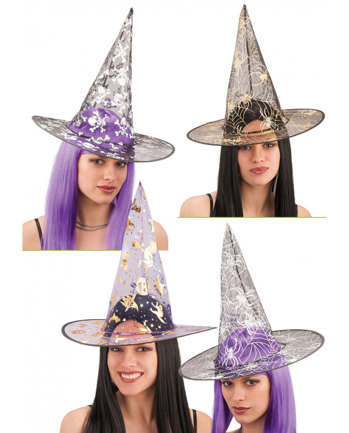 Sombrero bruja con adornos lúrex de unos 35 cm de alto de colores