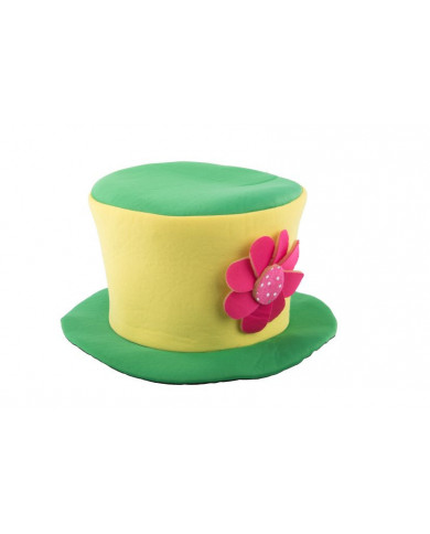 Hat in green and yellow fabric with flower, for a cheerful and Hat in green and yellow fabric with flower, for a cheerful and