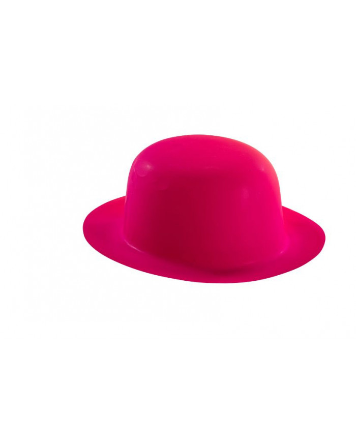 Pink fluo bowler hat in plastic, for a summer party or a flashy