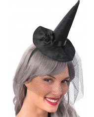 Mini witch hat in black satin with veil and rose, high cm.18
