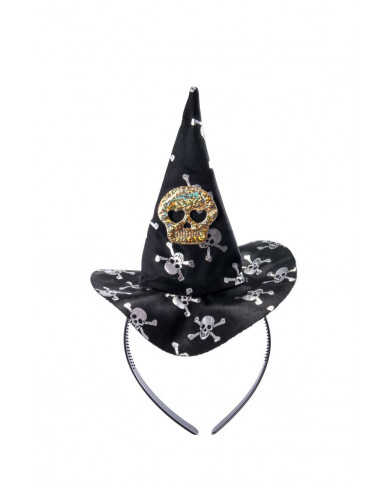 Mini cappello appuntito da strega in raso nero decorato con un Mini cappello appuntito da strega in raso nero decorato con un