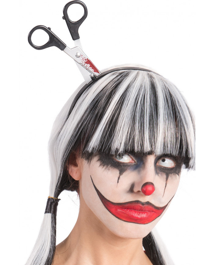 Headband with bloody scissors, for fun jokes and horror Headband with bloody scissors, for fun jokes and horror