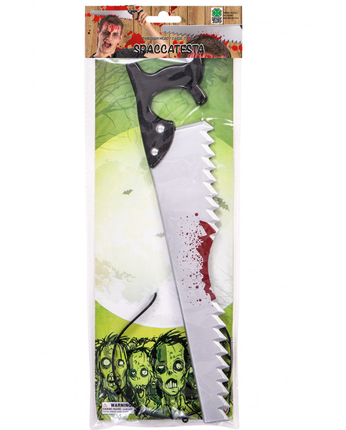 Headband with bloody saw, for fun jokes and horror disguises. Headband with bloody saw, for fun jokes and horror disguises.