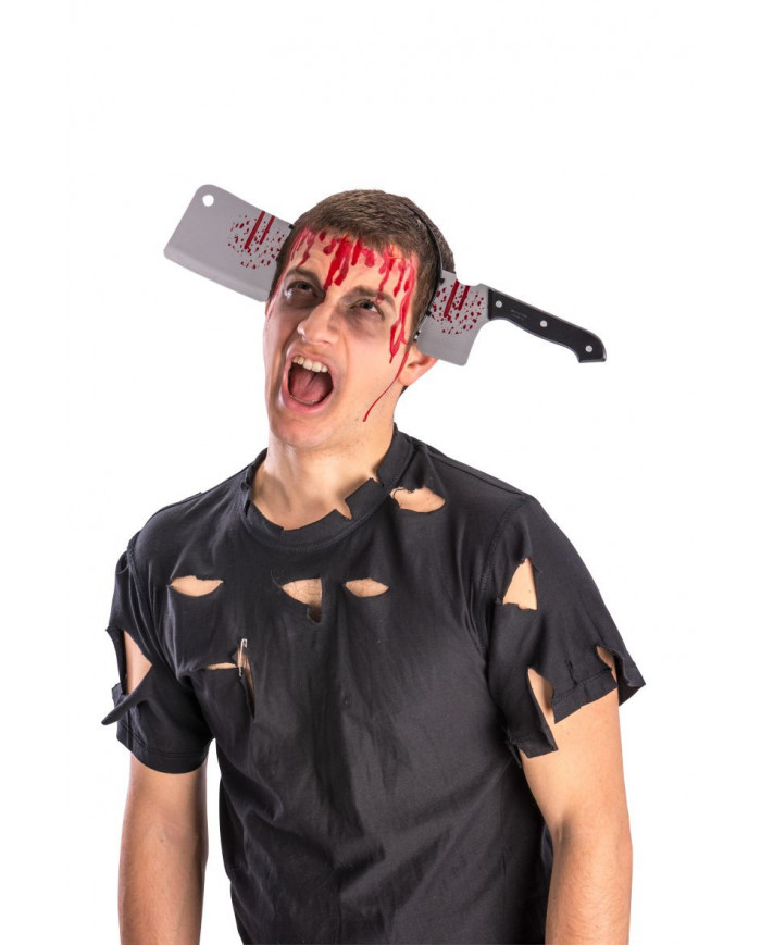 Headband with bloody axe, for fun jokes and horror disguises. Headband with bloody axe, for fun jokes and horror disguises.