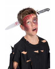 Headband with bloody knife, for fun jokes and horror disguises.