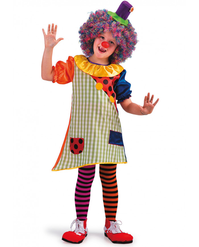 Clown costume for kid with satin printed dress and hat with