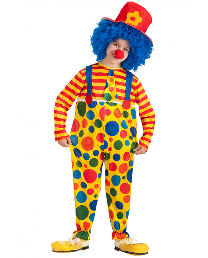 Clown costume for kid with stretchy giant jumpsuit, hat.