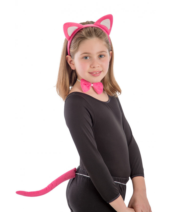 Set from pink cat composed of headband with ears, tail and bow