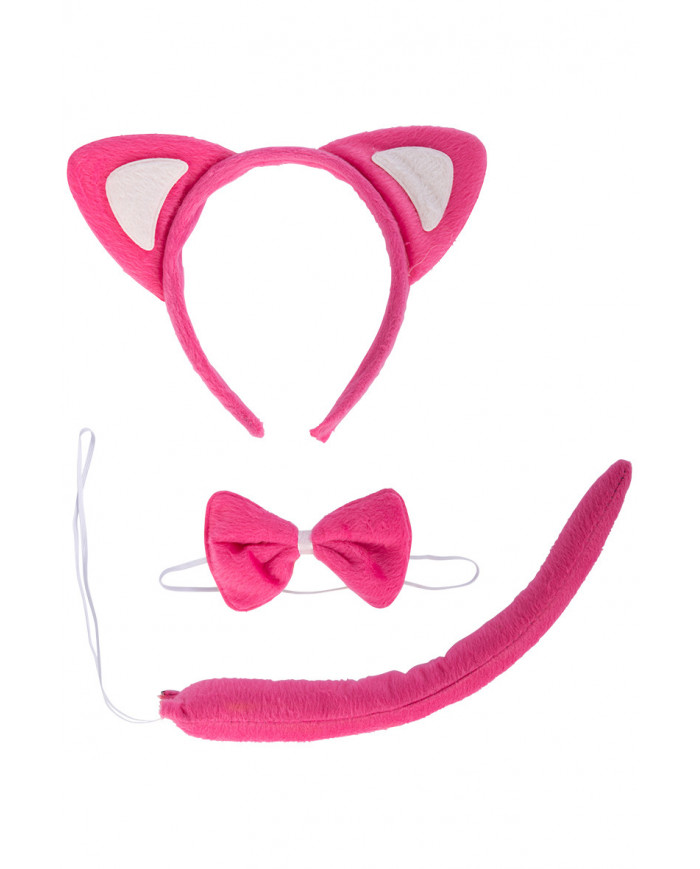 Set from pink cat composed of headband with ears, tail and bow