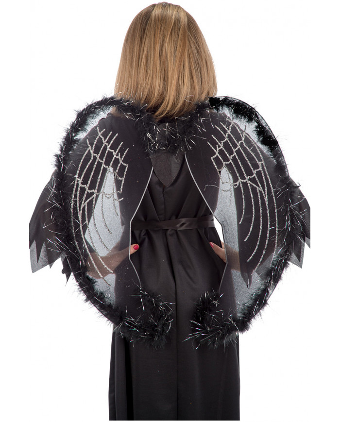 Angel wings in black veil decorated with marabou and silver Angel wings in black veil decorated with marabou and silver