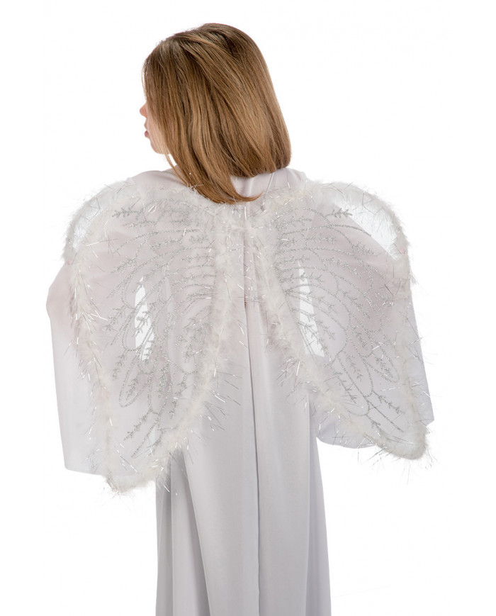 Angel wings in white veil decorated with marabou and silver Angel wings in white veil decorated with marabou and silver