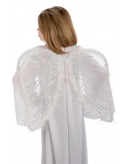 Angel wings in white veil decorated with marabou and silver Angel wings in white veil decorated with marabou and silver