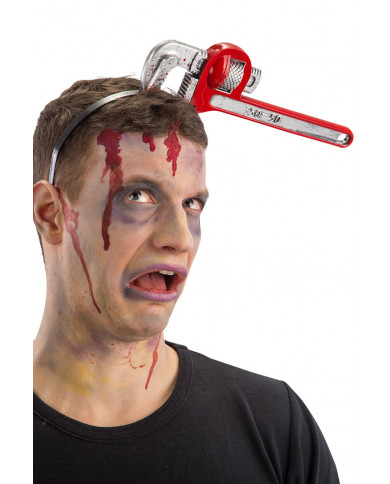 Headband with bloody red wrench, for fun jokes and horror Headband with bloody red wrench, for fun jokes and horror