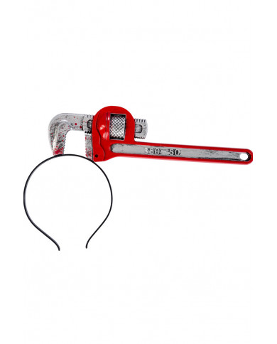 Headband with bloody red wrench, for fun jokes and horror Headband with bloody red wrench, for fun jokes and horror