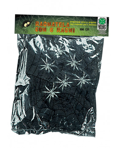 Toile d’araignée noire avec 6 araignées, 100 g environ dans une