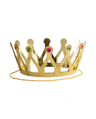 Crown in golden plastic with colored gems. To feel like a queen Crown in golden plastic with colored gems. To feel like a queen