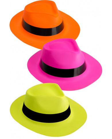 Plastic gangster hats in the fluorescent colors yellow, orange Plastic gangster hats in the fluorescent colors yellow, orange