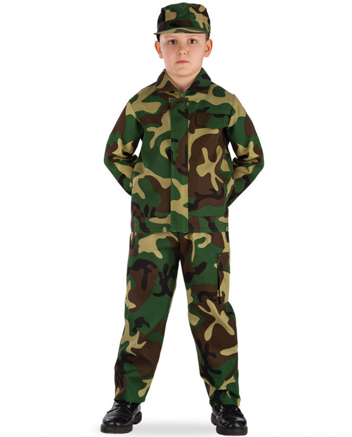 Military costume for kid with printed jacket and trousers, hat.