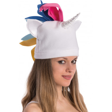A white unicorn hat with colorful maneuvers, a fantasy animal
