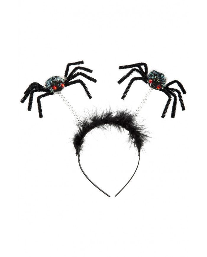 Plastic headband decorated with marabou and two black spiders Plastic headband decorated with marabou and two black spiders