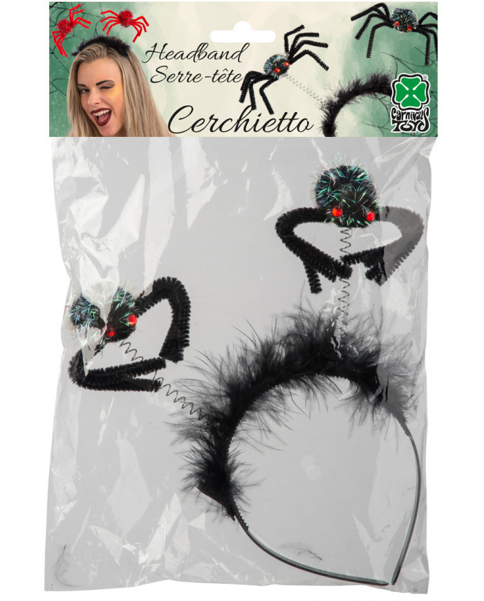Plastic headband decorated with marabou and two black spiders Plastic headband decorated with marabou and two black spiders