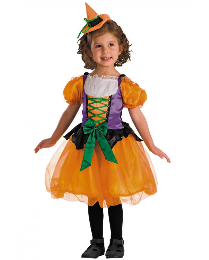 Witch costume for kid with satin dress with veil skirt and