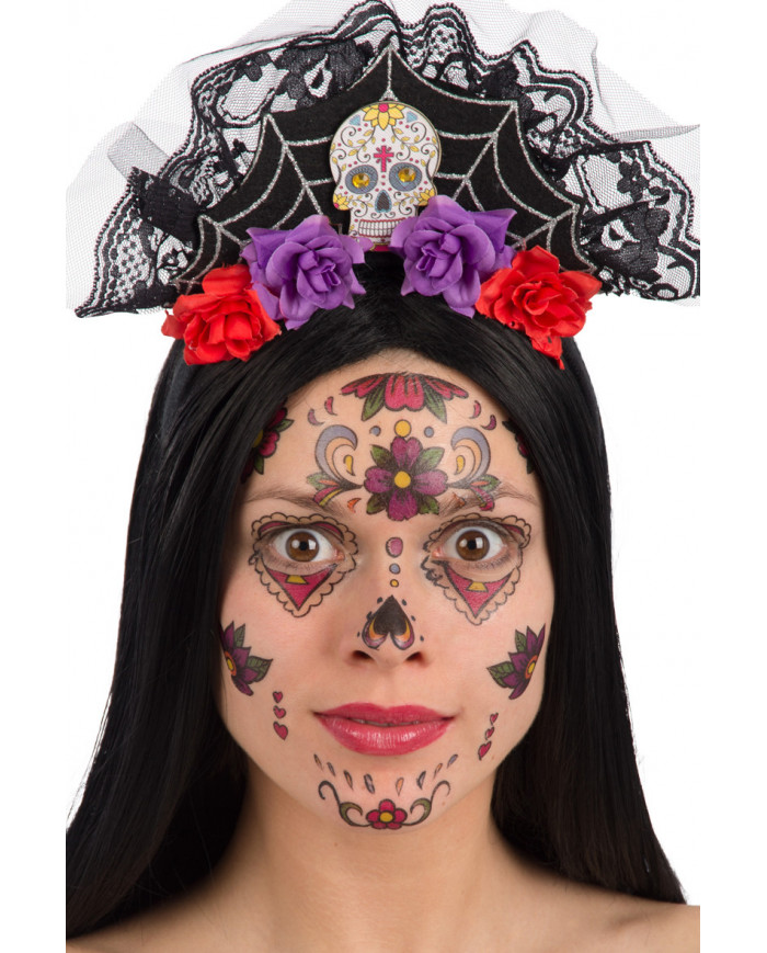 Headband decorated with felt spiderweb, lace, Mexican skull and Headband decorated with felt spiderweb, lace, Mexican skull and