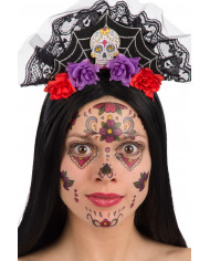 Headband decorated with felt spiderweb, lace, Mexican skull and Headband decorated with felt spiderweb, lace, Mexican skull and