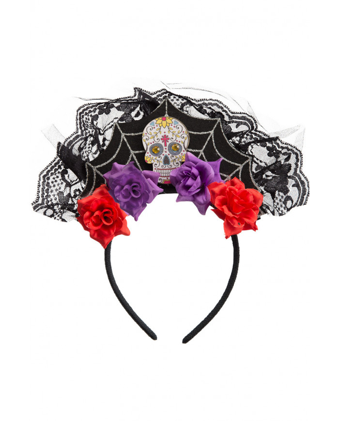 Headband decorated with felt spiderweb, lace, Mexican skull and Headband decorated with felt spiderweb, lace, Mexican skull and
