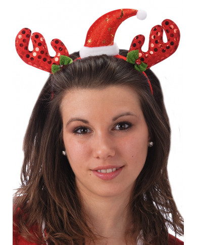 Serre-tête renne avec bonnet de Noël à paillettes dans une pochette Serre-tête renne avec bonnet de Noël à paillettes dans une pochette