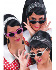 Gafas años ’60 de lunares de colores surtidos sobre cartoncillo