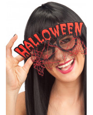 Brille mit roter Halloween-Beschriftung und Spitze auf Pappkarton Brille mit roter Halloween-Beschriftung und Spitze auf Pappkarton