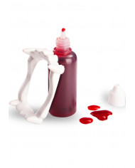 Sangue finto in bottiglia da 20 ml con dentiera vampiro in Sangue finto in bottiglia da 20 ml con dentiera vampiro in