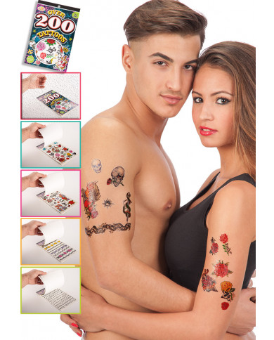 cartella contenente 200 tatuaggi adesivi colorati in soggetti