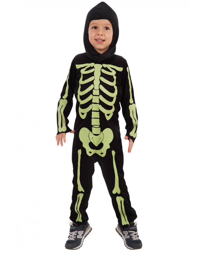 Green G.I.D. Skeleton costume for kid with stretchy jumpsuit