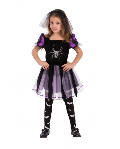 Witch costume for kid with velvet dress with veil and lace