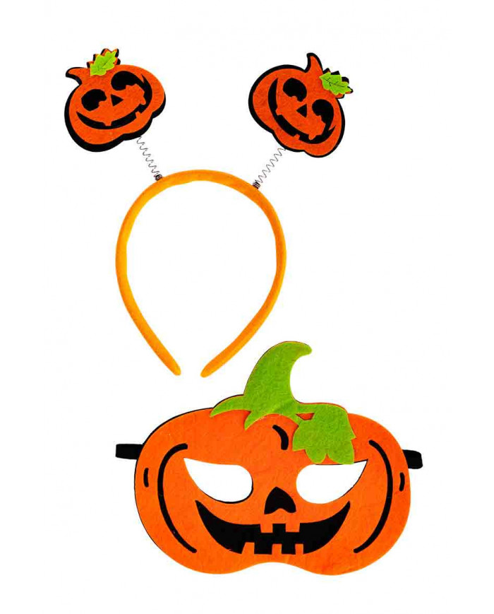 Set consisting of orange felt mask and headband with spring