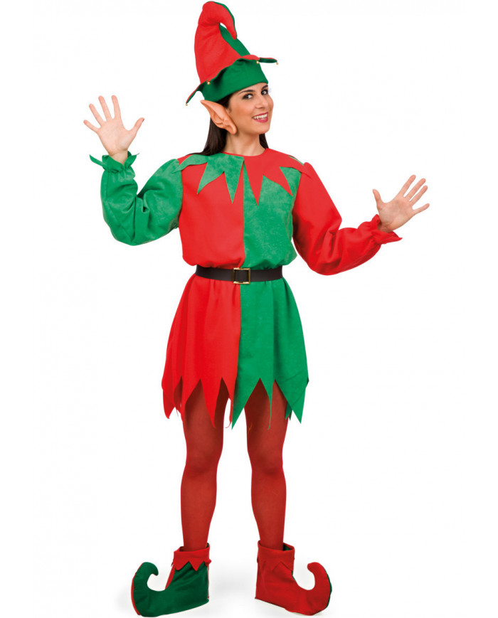 Elf costume for woman with velvet dress with belt, hood, ears