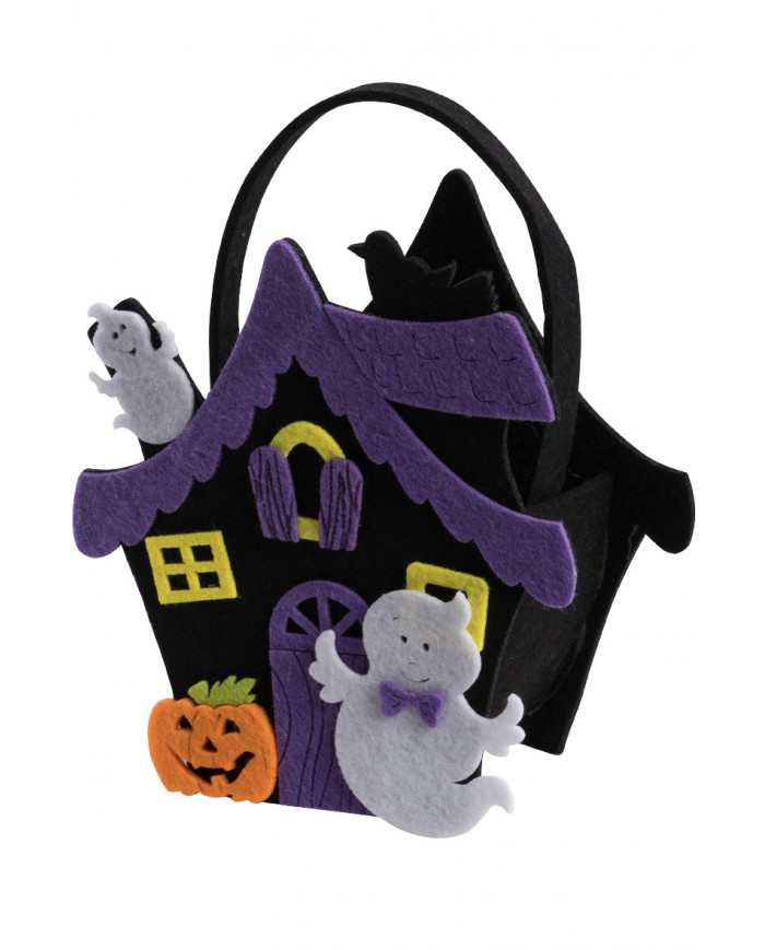 Haunted house black felt bag with decorations. For a great