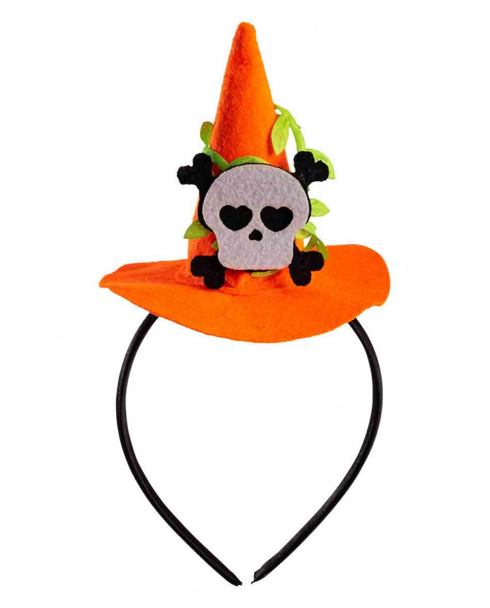 Cute mini witch hat in orange felt with a white skull applied.