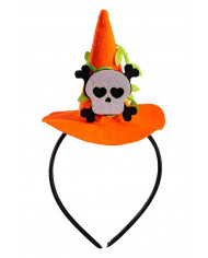 Cute mini witch hat in orange felt with a white skull applied.