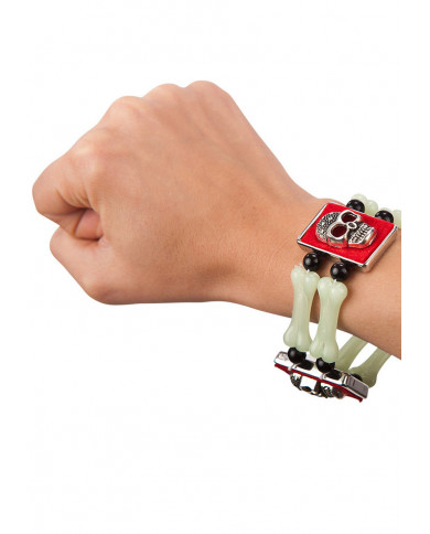 Bracciale con ossa fosforescenti e teschio in metallo, perfetto