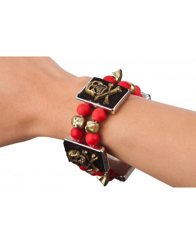 Bracciale con perle rosse e teschi in metallo. Un accessorio