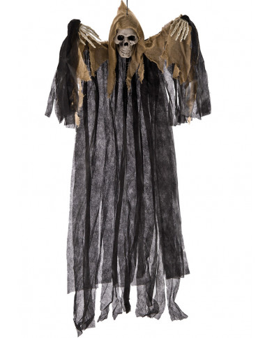 Squelette à suspendre avec tunique noire et beige, hauteur 120 cm Squelette à suspendre avec tunique noire et beige, hauteur 120 cm