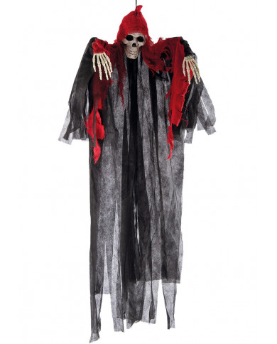 Squelette à suspendre avec tunique noire et rouge, hauteur 120 cm Squelette à suspendre avec tunique noire et rouge, hauteur 120 cm